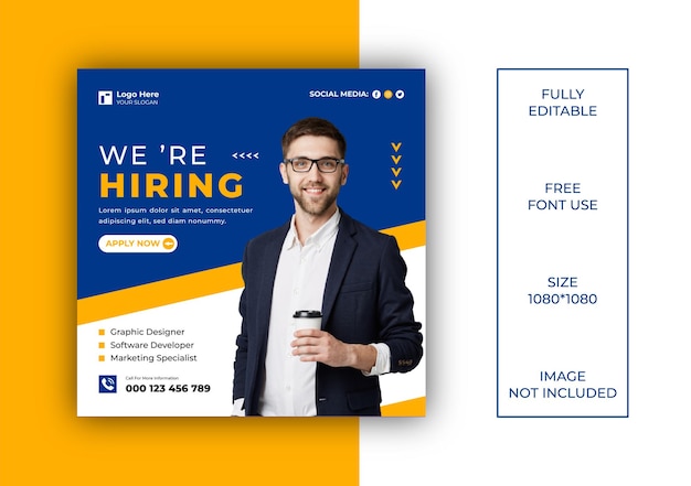 We are hiring job vacancy social media post template or square web banner