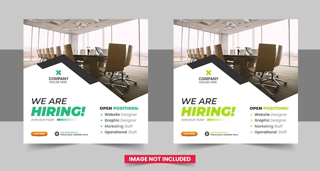 We are hiring job vacancy square banner or social media post template