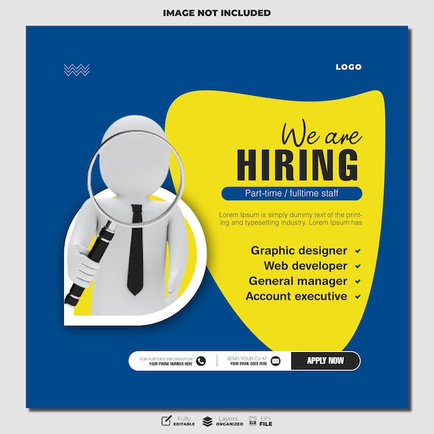 Vector we are hiring social media square web banner design template for job vacancy