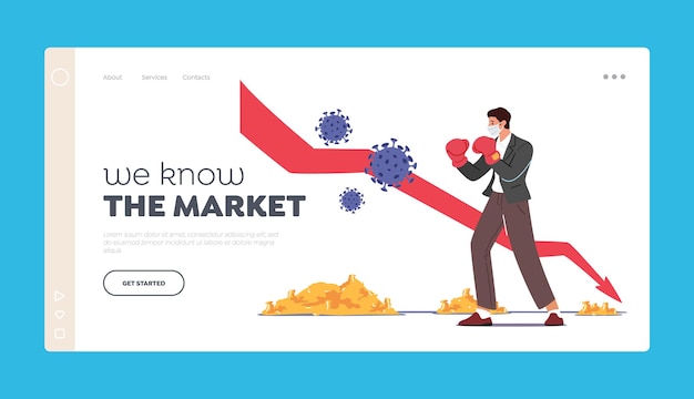 We Know the Market Landing Page Template. Business Man Character Fighting with Huge Coronavirus Cells near Drop Arrow. Financial Crisis, Businessman Survive in Pandemic, Cartoon Vector Illustration