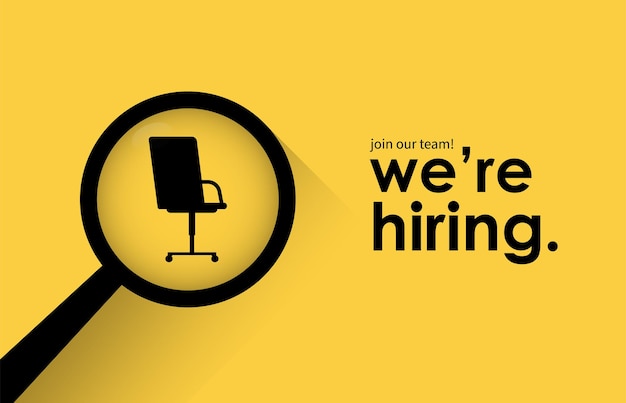 We're hiring concept. Minimal business recruiting announcement with office chair and magnifying glass symbol.