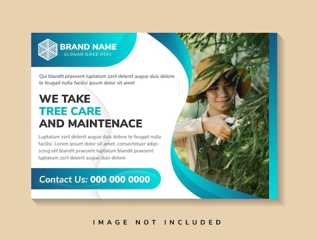 we take tree care and maintenance flyer design template blue gradient elements in horizontal Layout