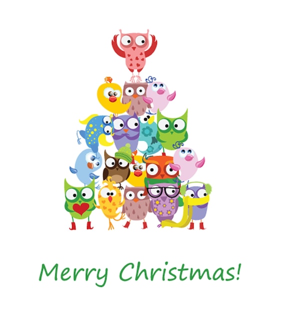 We wish you a Merry Christmas and a happy New Year Stylish holiday card with cute birds and owls in vector Bright cartoon background with holiday birds