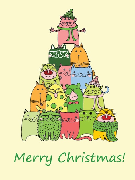 We wish you a Merry Christmas and a happy New Year Stylish holiday card with cute cats in vector Bright cartoon background with christmas tree with cats