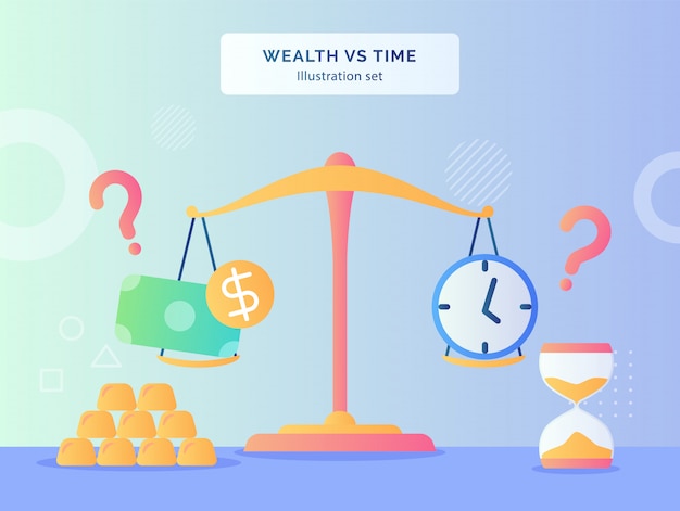 Wealth VS Time illustration set money dollar clock on scale of gold hourglass with flat style.