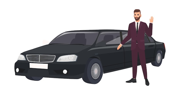 Wealthy man in elegant suit standing beside luxury limousine and waving hand. Rich person or male celebrity and his luxurious car or automobile. Colorful vector illustration in flat cartoon style.