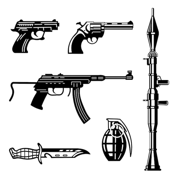 Weapon gun knife rifle machine gun short gun hand grenade black and white art illustration