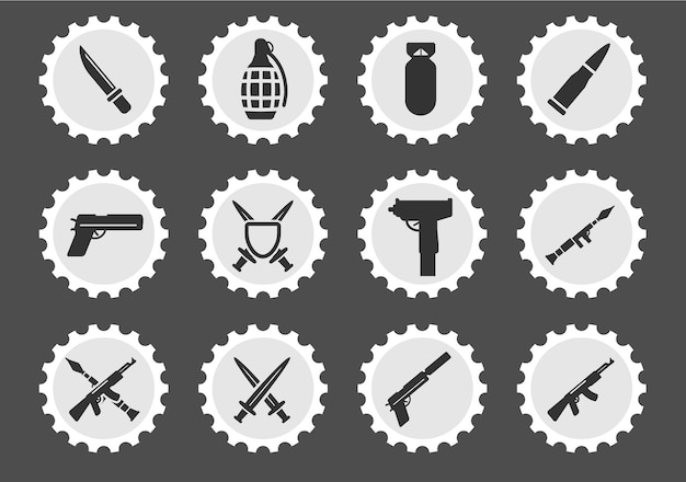 Weapon icons on stylized round postage stamps