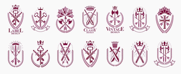 Weapon logos big vector set, vintage heraldic military emblems collection, classic style heraldry design elements, ancient knives spears and axes symbols.