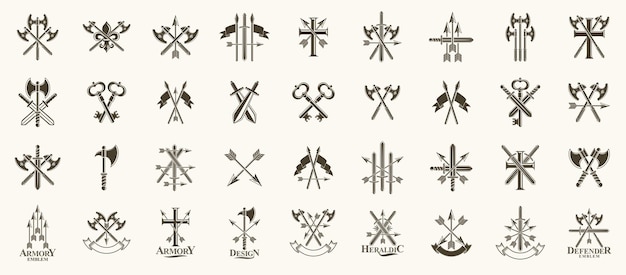 Vector weapon logos big vector set, vintage heraldic military emblems collection, classic style heraldry design elements, ancient knives spears and axes symbols.