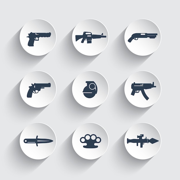 Weapons icons set, pistol, guns, rifle, revolver, shotgun, grenade, knife, rocket launcher, firearm, explosive