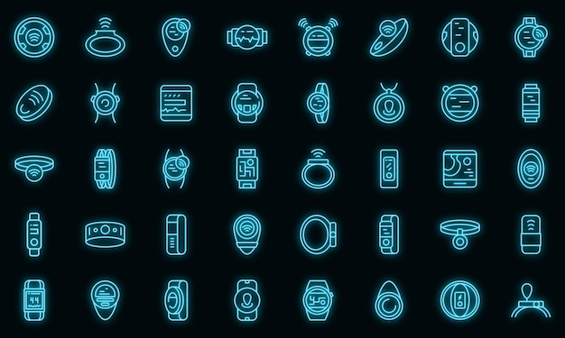 Wearable tracker icons set. Outline set of wearable tracker vector icons neon color on black