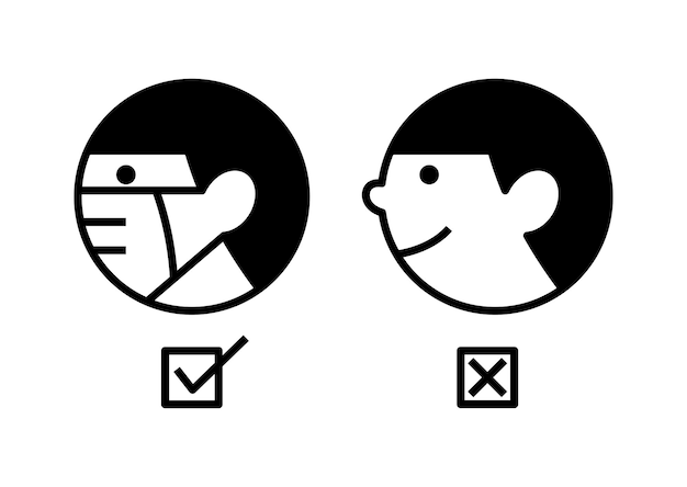 Wearing a mask and without mask sign, prevention virus icon, mask required, No mask No entry concept, vector illustration.