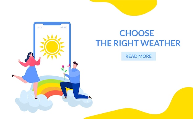 Weather app at flat website page vector illustration Season mobile application cartoon landing banner Man woman people character use mobile