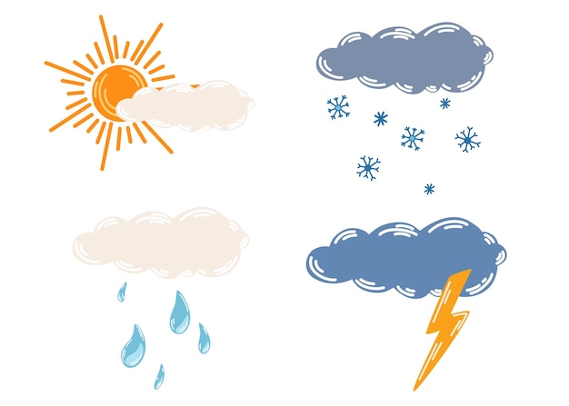 Weather clouds Different clouds with rain snow thunderstorm and sun Meteorological Thunderstorm weather symbol for web printing and applications Vector Hand drawn illustration isolated