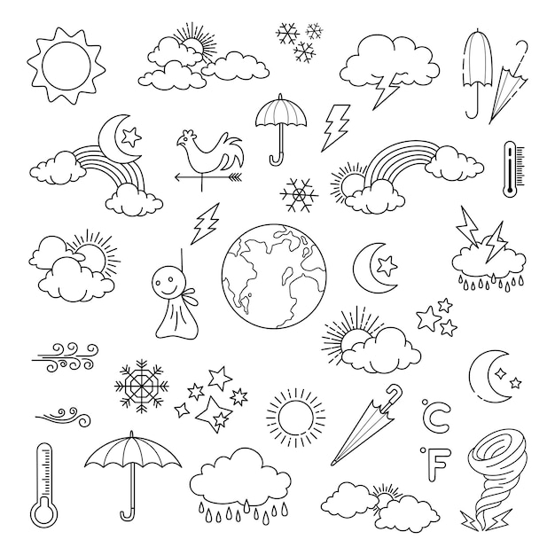 Weather doodle vector set illustration with hand draw line art style vector star sun