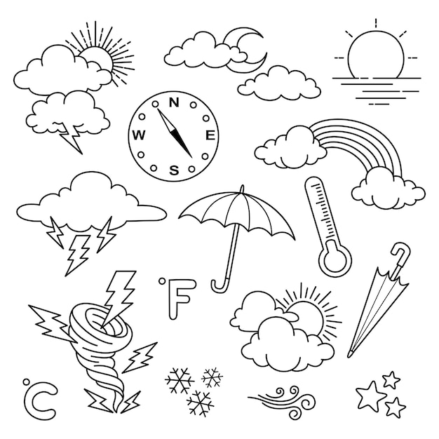 Weather doodle vector set illustration with hand draw line art style vector star sun