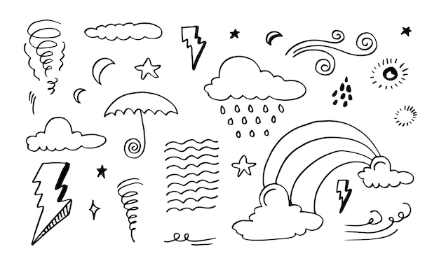 Weather Doodle Vector Set illustration with hand drawn line art style vector.