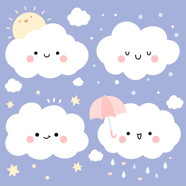 Weather element set with cute happy cloud, sun and star cartoon vector Illustration