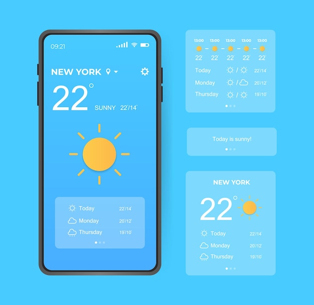 Weather Forecast App Widget Screen Application UI UX elements Realistic smartphone with different Weather Vector illustration concept