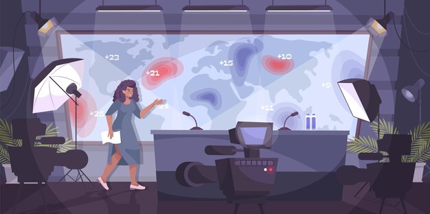 Vector weather forecast flat composition with indoor scenery of tv studio with cameras and woman at screen illustration