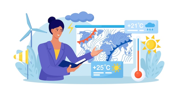 Weather forecast online Presenter with atmospheric precipitation map on background Weather broadcast Woman presenting meteorology newscast Meteorological television news and announcement