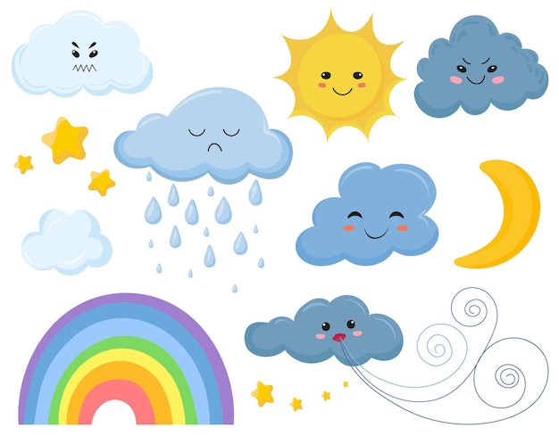 Weather icons cloud sun rainbow set in doodle style set on white background vector