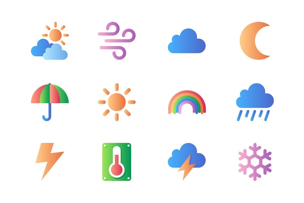 Vector weather icons set in color flat design pack of cloud sun wind crescent moon umbrella sunny day rainbow rain lightning temperature and other vector pictograms for web sites and mobile app