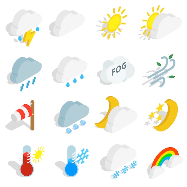 Weather icons set in isometric 3d style isolated on white background. Vector illustration