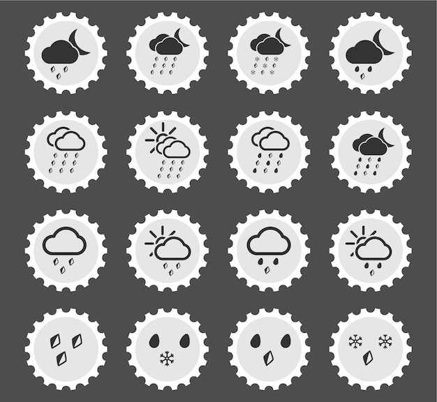 Weather icons on stylized round postage stamps