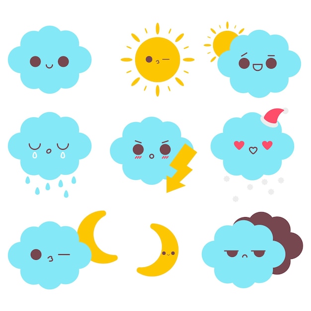 Weather icons with cloud and sun vector cartoon set isolated on a white background