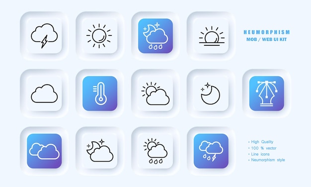 Weather set icon Sun sunsets thunderstorm lightning clouds moon climate day rain temperature Element concept Neomorphism style Vector line icon for Business and Advertising