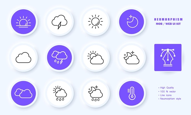 Weather set icon Sun sunsets thunderstorm lightning clouds moon night day rain temperature Climate concept Neomorphism style Vector line icon for Business and Advertising