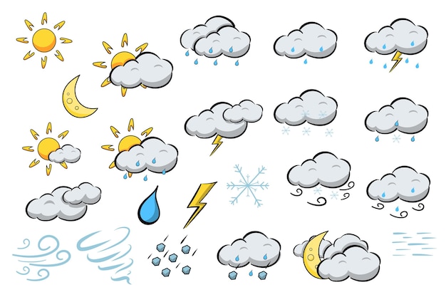 Vector weather symbols mega set in flat design bundle elements of sun moon clouds with rain lightnings snow wind thunderstorm cute meteorology pictograms vector illustration isolated graphic objects