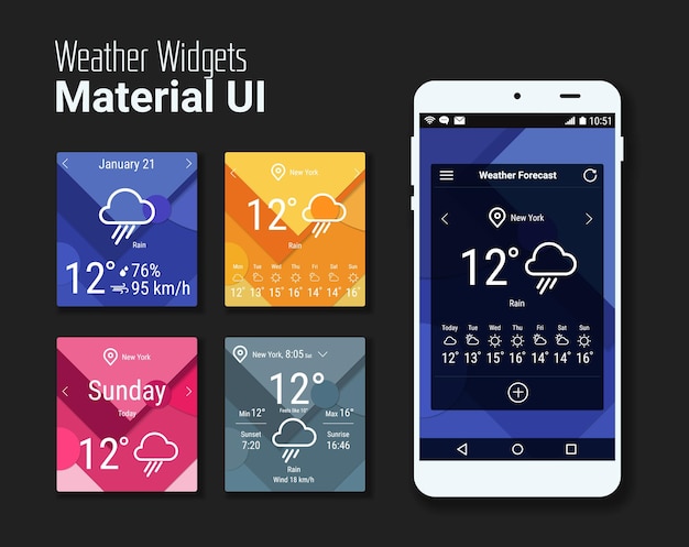 Vector weather widgets ui and ux material kit