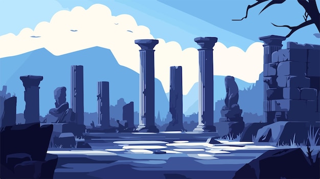 Vector weathered stone columns in ancient ruins landscape