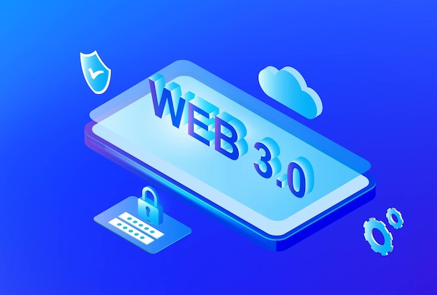 Web 3.0 concept, web 3.0 typography on blue background, new version website using blockchain