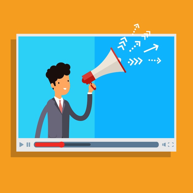 Web advertising and spam concept with cartoon businessman and megaphone. Flat design, vector illustration.