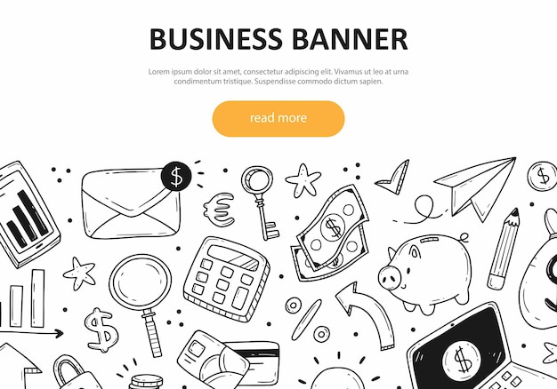 Vector web banner concept on the theme of business and finance with different cute doodle elements