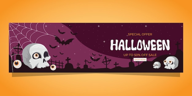 Web banner sale template for Halloween with skull and eyeballs on purple background