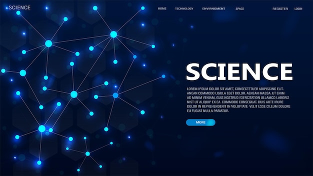 Vector a web banner for technology science and medicine with neon glowing neural networks and malecules on a blue background