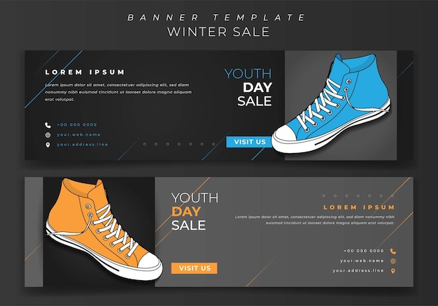 Vector web banner template design with blue and yellow sneaker in dark background design