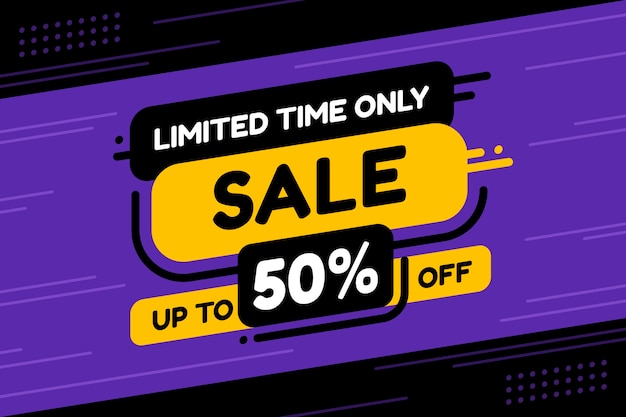 Web Banner template mega sale limited time only. Vector flat illustrations. Big sale special offer, 50 off in end of season. Mega sale banner in black and yellow colored.