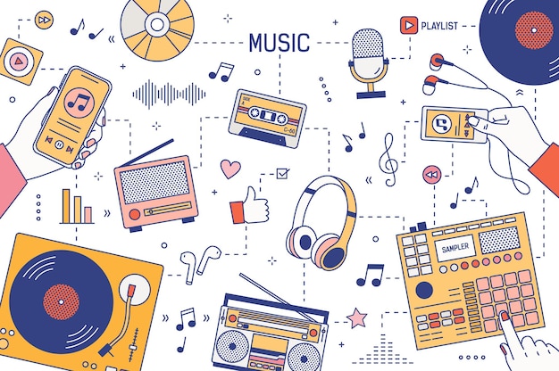 Web banner template with hands and devices for music playing and listening - player, boombox, radio, microphone, earphones, turntable, smartphone, vinyl records. Vector illustration in linear style.