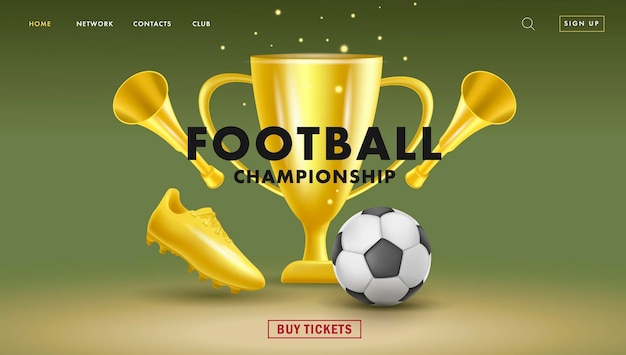 Web banner with fottball tournament 3d golden attributes like ball golden boot and horn