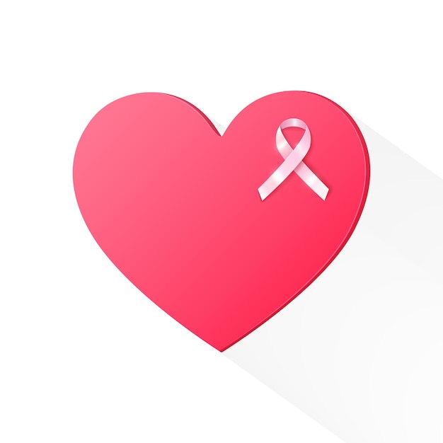 Web banner with isolated realistic soft pink ribbon on red heart Symbol of breast cancer awareness