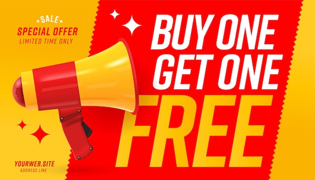 Web banner with megaphone announcing buy one get one free.