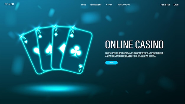 A web banner with shiny neon blue poker cards