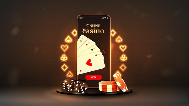 A web banner with a smartphone with cards dice and poker chips on a podium with a neon frame A concept for a casinothemed website