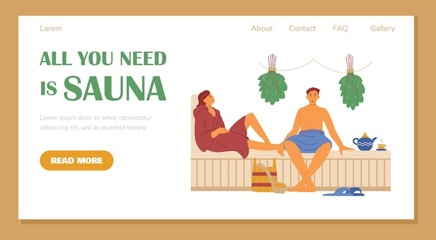 Web banner with young couple man and woman relaxing at hot steam sauna or spa